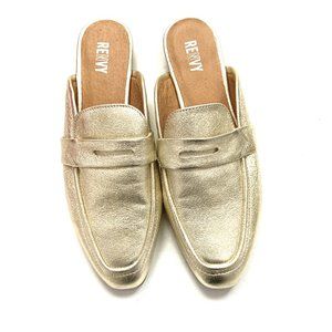 Renvy Gold Metallic Leather Flat Slide On Loafer Mules
